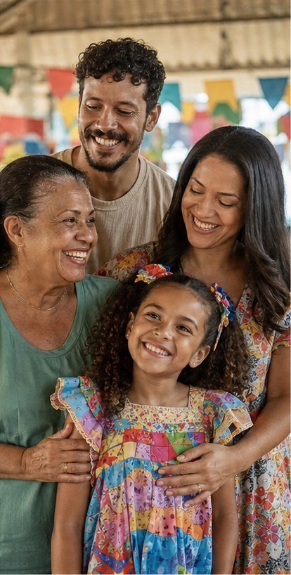 Família e criança compartilhando uma experiência de aprendizagem